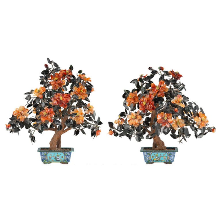A Pair of Large Chinese Hardstone Flowering Trees in Cloisonné Planters