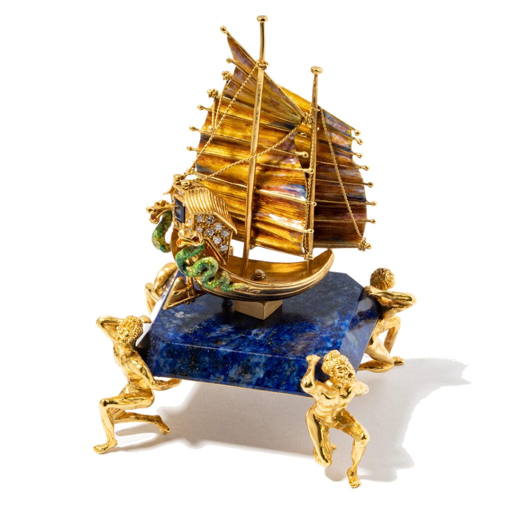 18 Karat Yellow Gold Diamond and Sapphire Ship Brooch