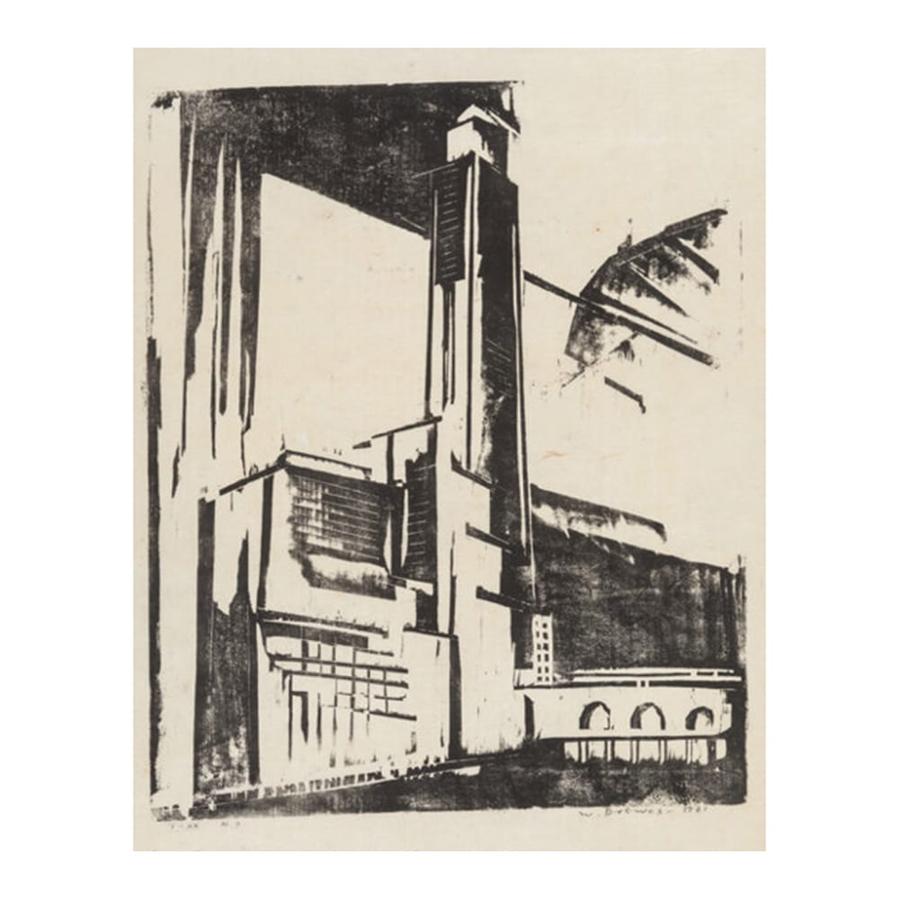 Werner Drewes (1899-1985). Bryant Place- Corner of 5th Ave and 43rd Street, 1931. Woodcut on Japanese paper