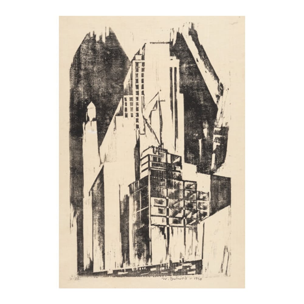 Werner Drewes (1899-1985). Corner of Fifth Avenue and 57th Street, 1930. Woodcut on paper