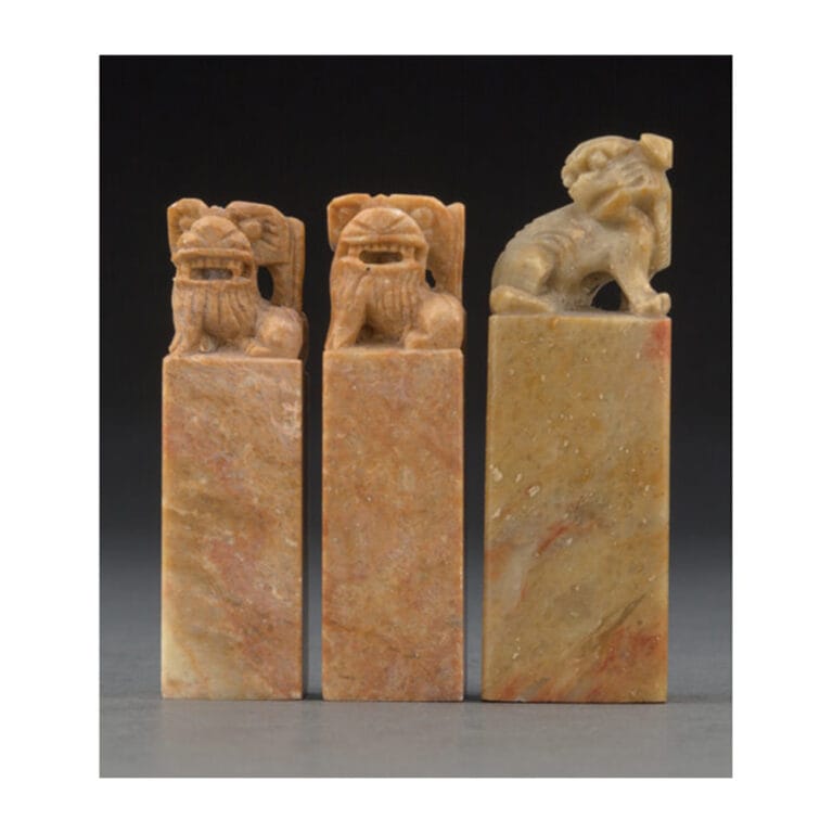 A Group of Three Chinese Carved Hardstone Seals with Figural Finials